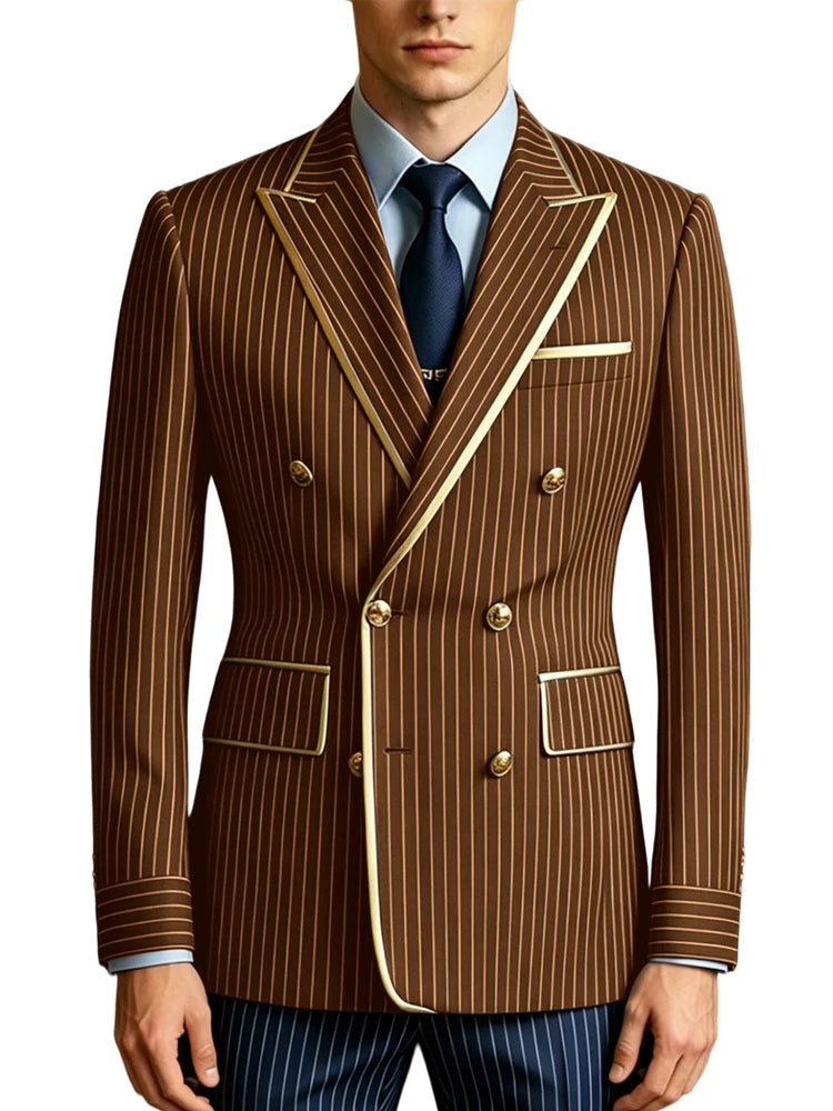 Men's Double Breasted Pinstripe Blazer Slim Fit Formal Business Suit Jacket Luxury Gold Trim  Tuxedo for Wedding Party Office