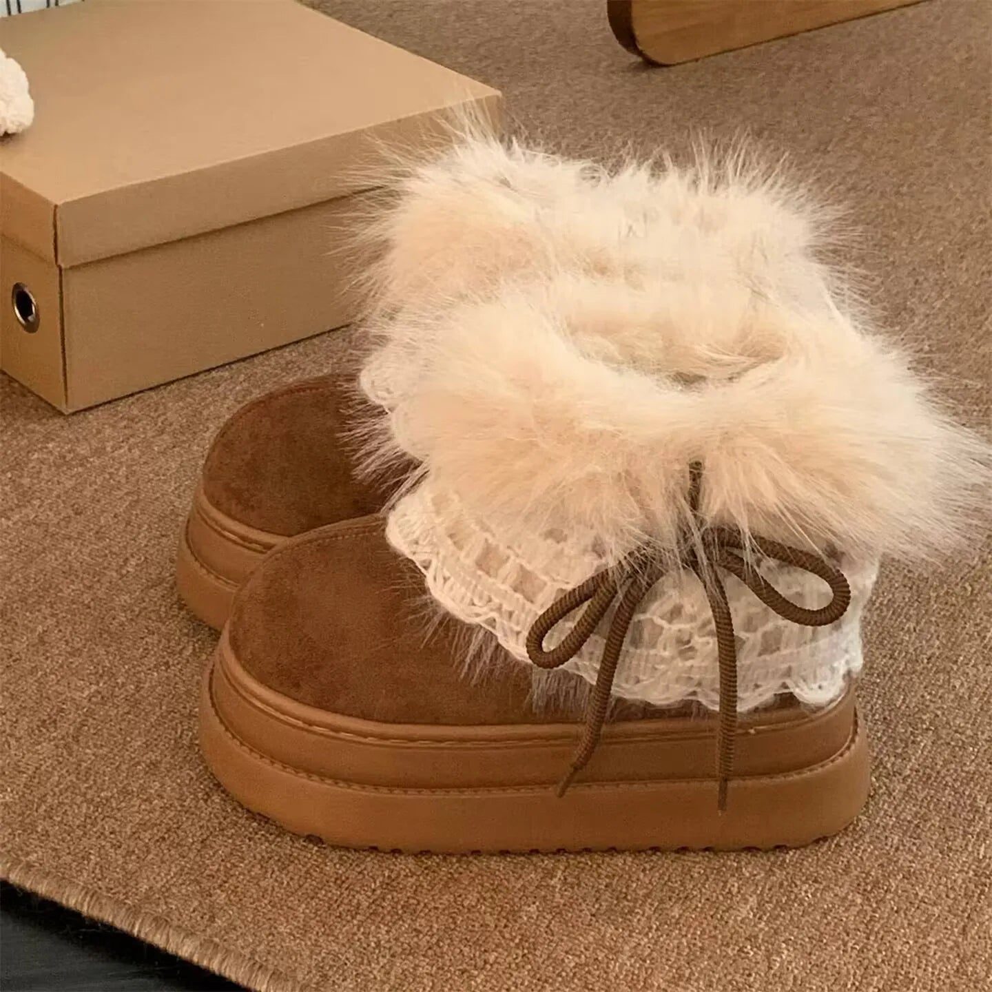 Korean Style Lace Snow Boots 2025 Winter Plush Warm Short Boots Girls Sweet Thick Bottom Casual Boots Students Cotton Shoes
