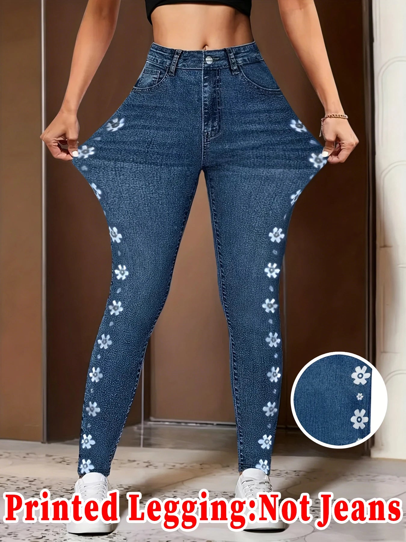 Fashion Women Faux Denim Printed Skinny Pants, High Elastic Seamless Fake Pocket Casual Sports Long Leggings
