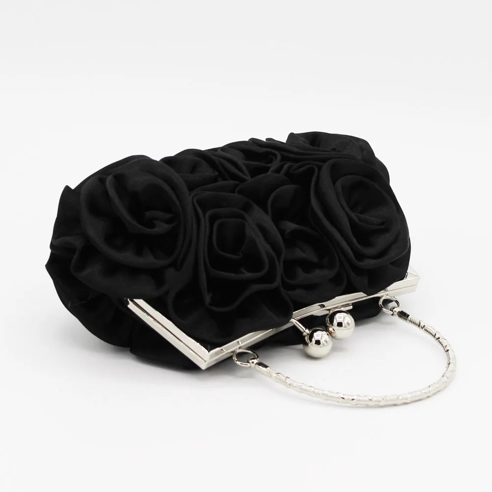 Satin Flower Clutch Bags For Women Banquet Party Evening Bags Metal Handbags Retro Blue Silver Black Chain Shoulder Bag female