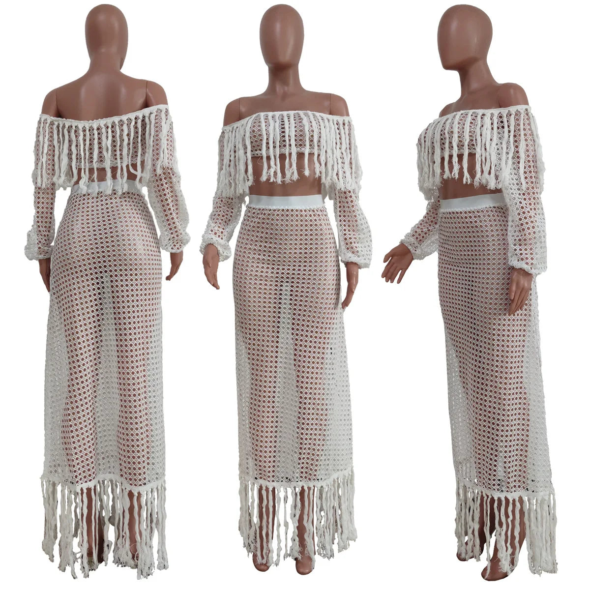 Skirt 2 Piece Set Women Beach Long Skirts Suit Top Off Shoulder Tassels Sexy Hollow Out Ensemble 2025 Summer Female Outfits