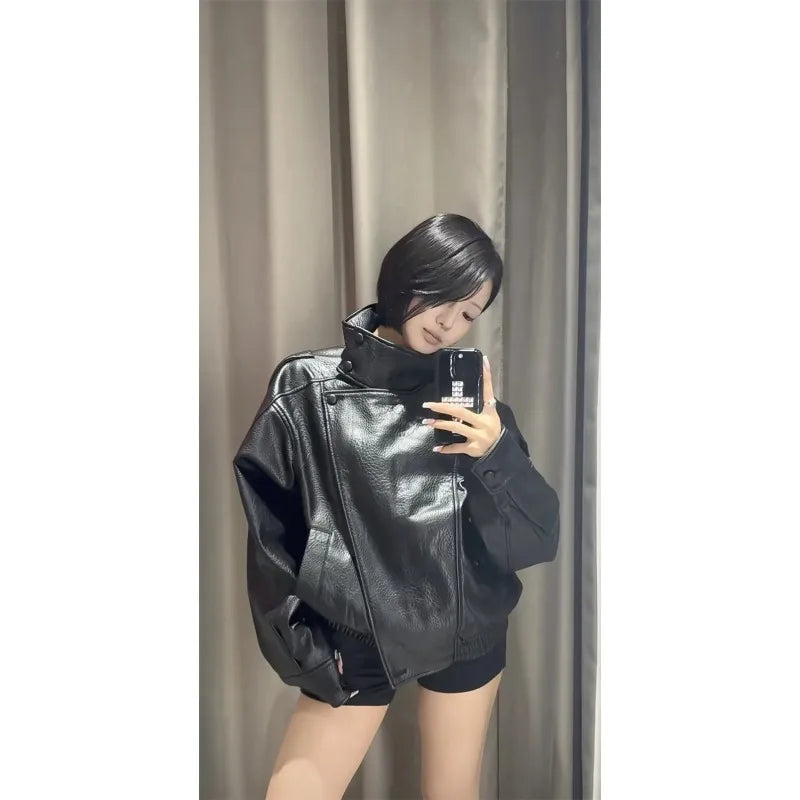 Women's 2026 Autumn New Classic Commuter Style Black Long Sleeve Pebble Faux Leather Motorcycle Fashion Jacket