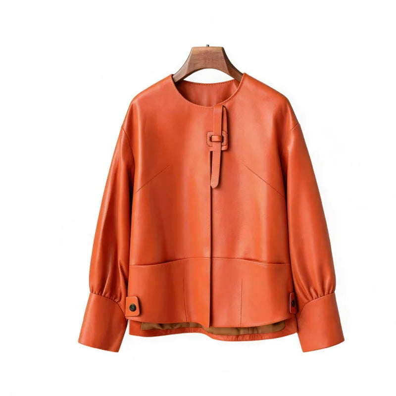 Orange Black Leather Jacket Spring Autumn Coat 2026 New Women's Leather Coat Round Neck Lantern Sleeves PU Leather Outerwear