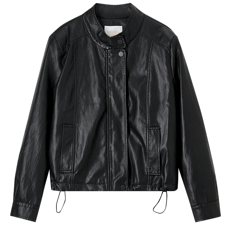 SENTUBILA Women Stand Collar Short PU Leather Jacket 2026 Autumn Winter Ladies Zipper Windproof Cropped Pu Jacket  W51G80160