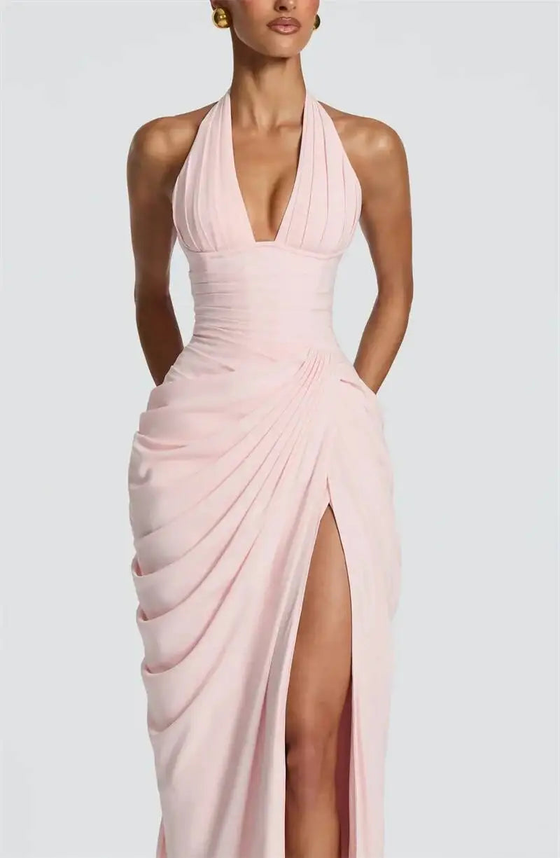 Mozision Wine Red Halter Deep V Maxi Dress Women Elegant Draped Ruched High Split Bodycon Cocktail Wedding Club Party Dresses