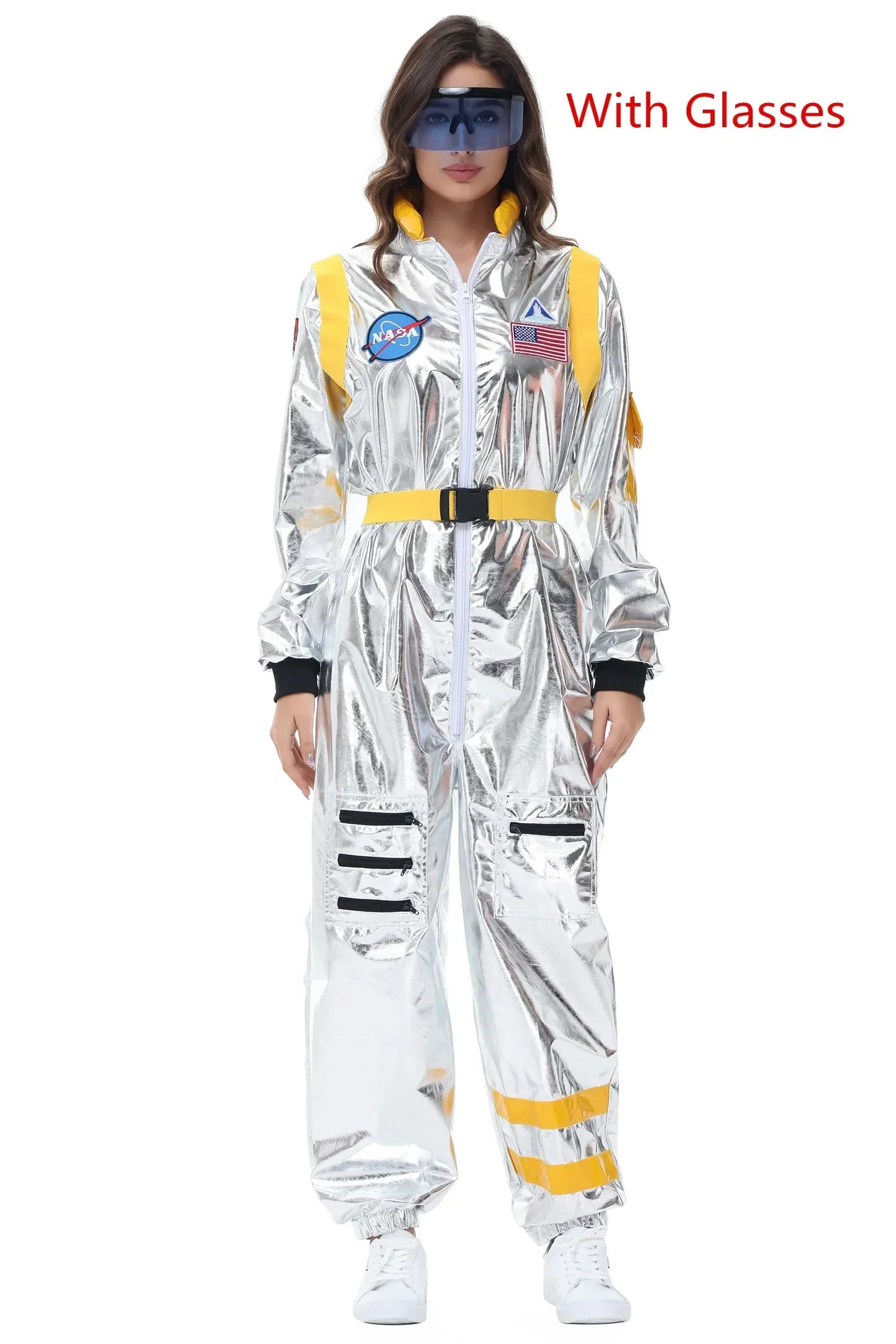 Adults Silver Astronaut Costume Space Suit Men Women Couple Jumpsuit Cosplay Halloween Carnival Party Dress Up