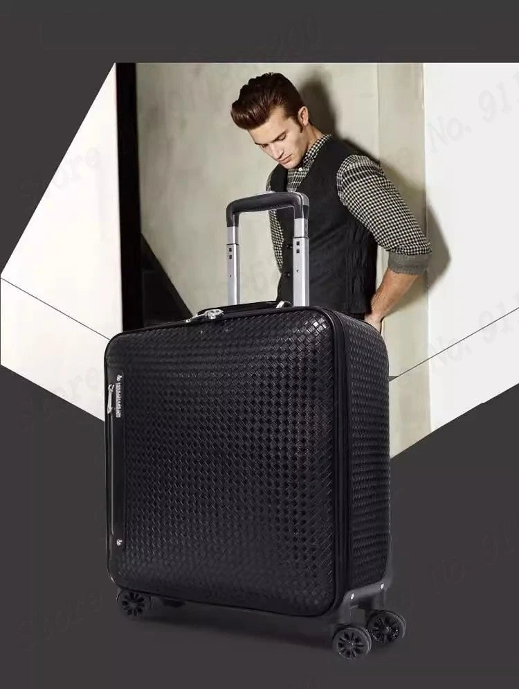 Genuine Leather Trolley Case 20 Inch Men's Business Boarding Suitcase Universal Wheel Luggage Bag 16 Inch Woven Pattern Leather