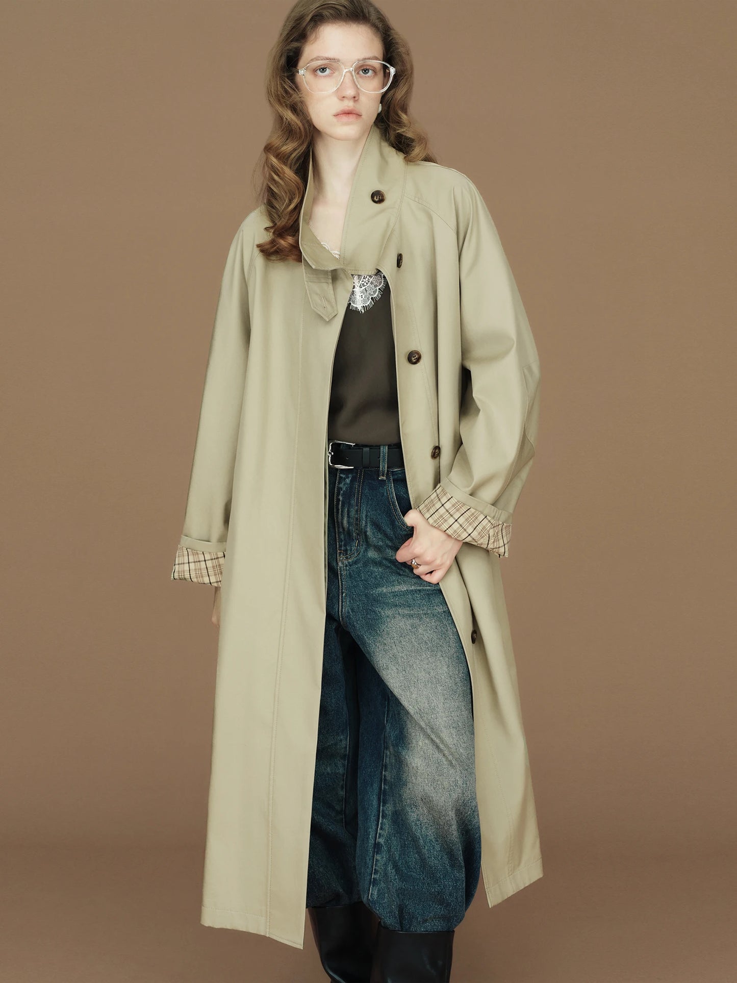 FSLE 2026 Womens British Trench Coat Contrast Cuff Stand Collar Heritage Workwear Style Pink Black Khaki Short Long Trench Coat