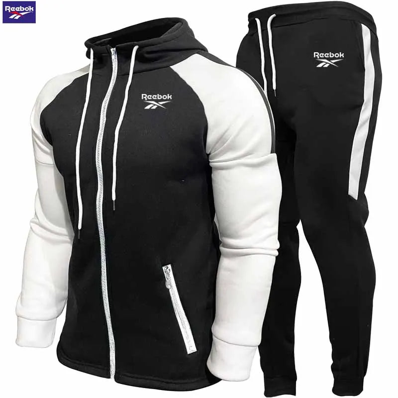 Reebok Men's Fleece Hooded Sweatshirt Set - Long Sleeve Zippered Hooded Sweatshirt - Fashion Striped Loose Jacket - Suitable for