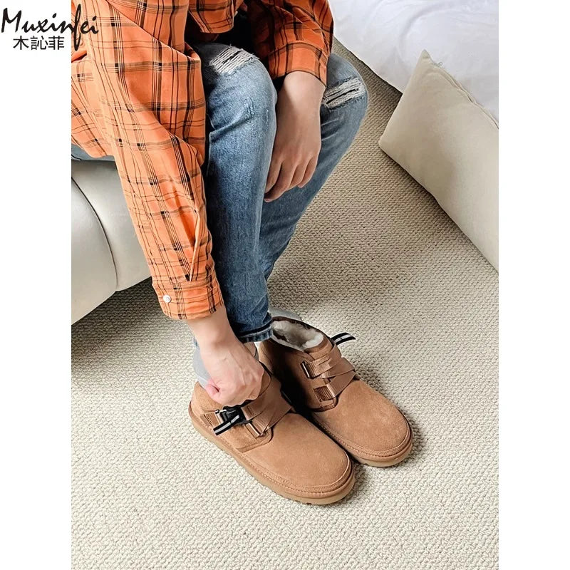 2026 Winter New Style Wang Yibo Same Top Leather Outdoor Warm Men's Boots Fashion Versatile Short Tube Men's Snow Boots