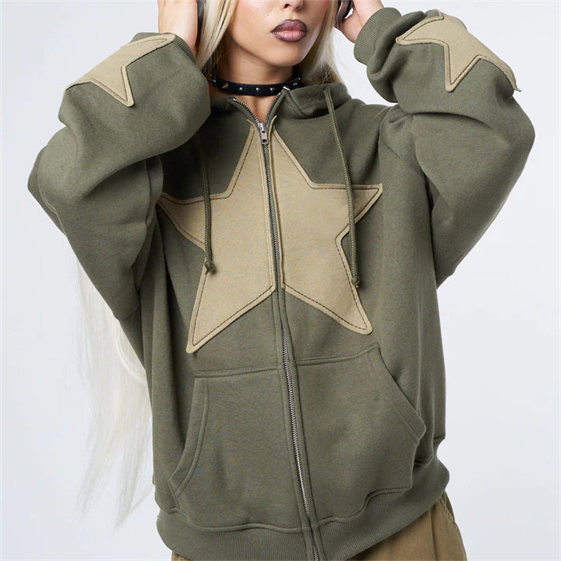 Women's Graphic Hoodie Y2k Zip Up Hoodies Star Patchwork Oversized Sweatshirt with Drawstring Aesthetic Pullover with Hood Shirt