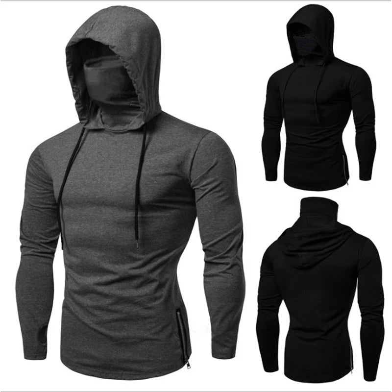 Mens Gym Hoodie Sleeveless with Mask Sweatshirt Hoodies Casual Splice Large Open-Forked Male Clothing Mask Button Sports Hooded