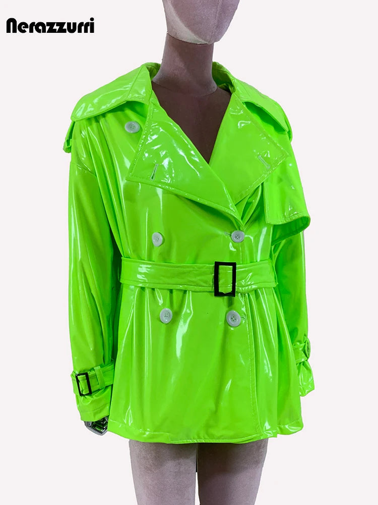 Nerazzurri Spring Autumn Oversized Thin Shiny Reflective Patent Leather Trench Coat for Women Double Breasted European Fashion