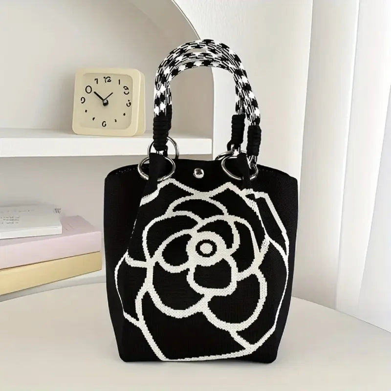 Fashion Flowers Knit Handbag Women Shoulder Bag Color Contrast Portable Ladies Beach Handbag Shopping Tote