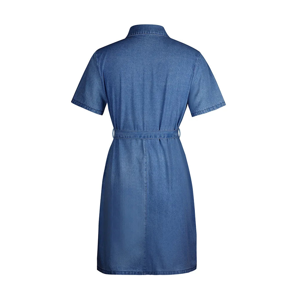 Denim Dresses Women Mini Dress Vintage Turn Down Collar Lace Up Zipper Pockets Distressed Summer Vestidos Streetwear 2025