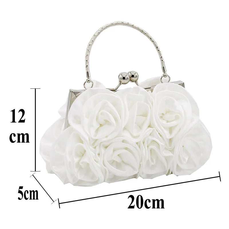 Satin Flower Clutch Bags For Women Banquet Party Evening Bags Metal Handbags Retro Blue Silver Black Chain Shoulder Bag female