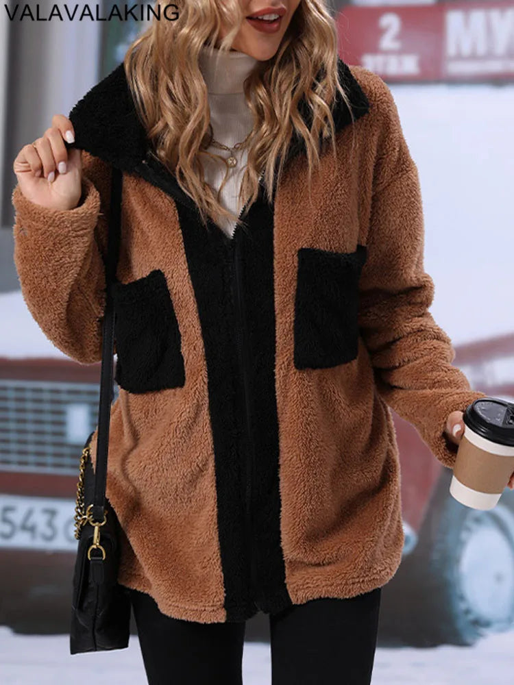 2026 Winter Patchwork Brown Plush Jacket for Women Thick Warm Turn Down Collar Casual Coat Lady Elegant Loose Zipper Long Coat