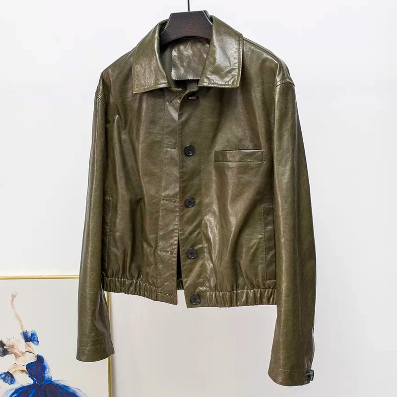 Advanced Oil Wax Leather Jacket for Women Autumn Winter Female 100% Lambskin Square Neck Elastic Waist  Loose Coat Vestes Femmes