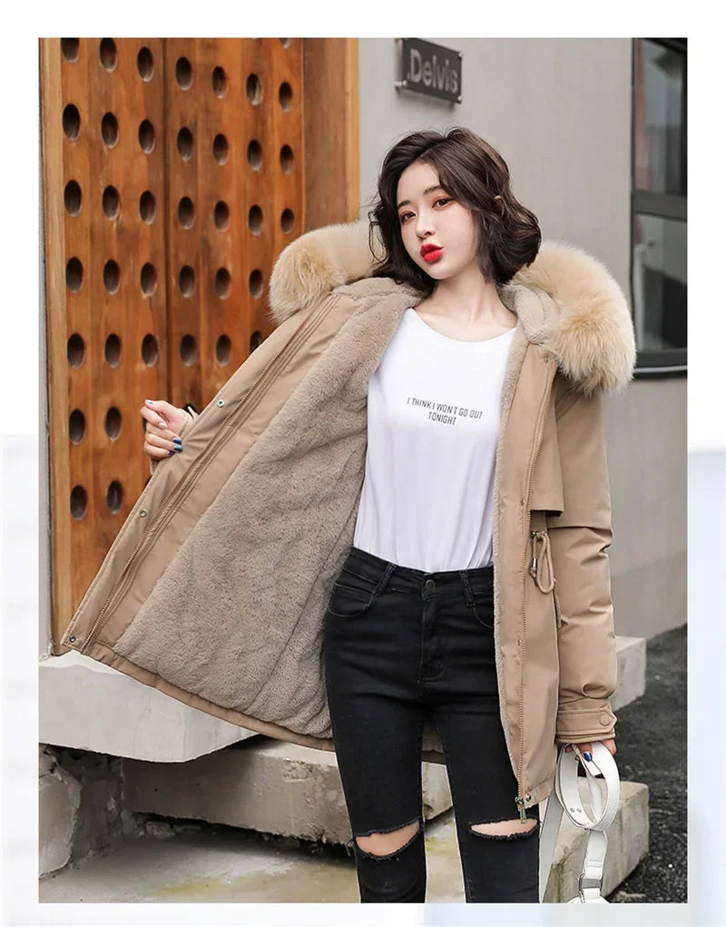 Winter Coat Low Price On Sale Women Beige Add Wool Thick Warmth Fur Hooded Parkas Jacket 2026 New Fashion Belt Slim Cotton Coat