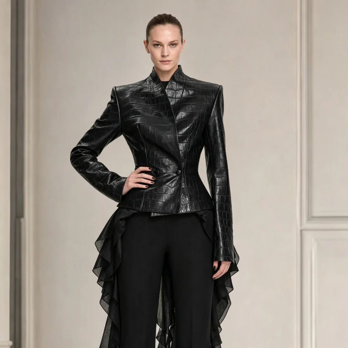 TOKO 2026 New Women V Neck Embossed Faux Leather Jacket Double Button Fitted Waist Long Sleeve Solid Black Slim Short