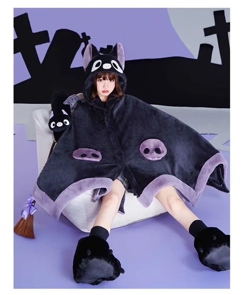 Kawaii Cartoon Bat Y2k Cute Blanket Plush Pajamas Anime Cosplay Cape Costume Halloween Theme Party Women's Hooded Cape 2025 New