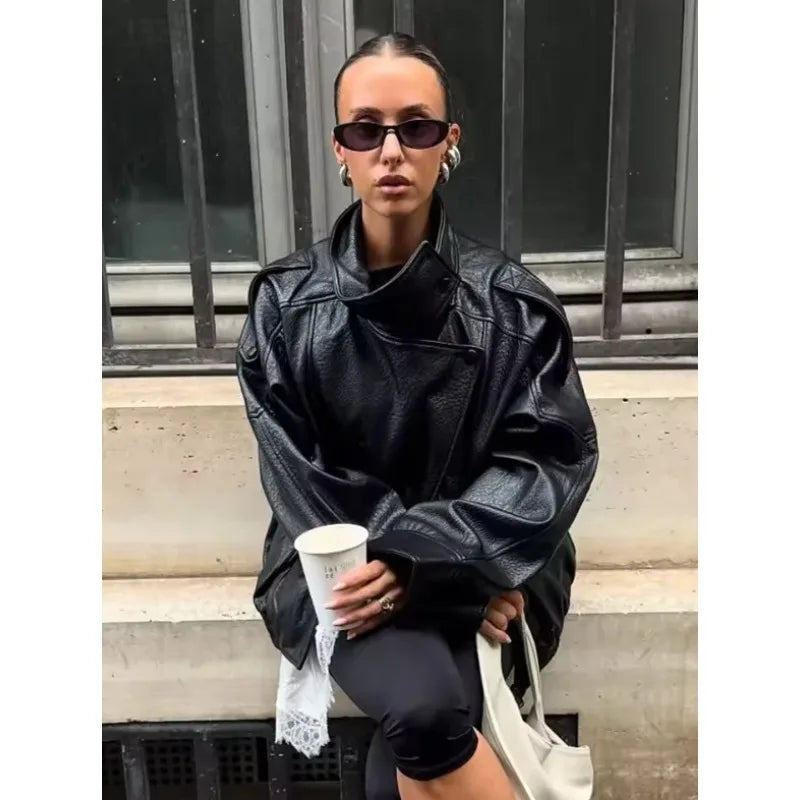 Women's 2026 Autumn New Classic Commuter Style Black Long Sleeve Pebble Faux Leather Motorcycle Fashion Jacket