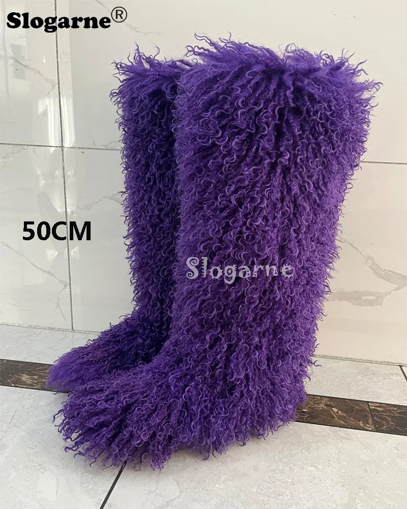 New Over The Knee Fur Boots Women Warm 72CM Long Faux Mongolian Fur Snow Boots Winter Luxury Fluffy Shoes Plush Platform Shoes