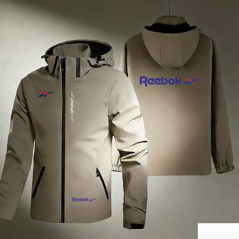 Reebok Logo Men's Waterproof and Windproof Jacket, Lightweight and Minimalist Outerwear, Hooded Outdoor Raincoat, Hiking and Mou