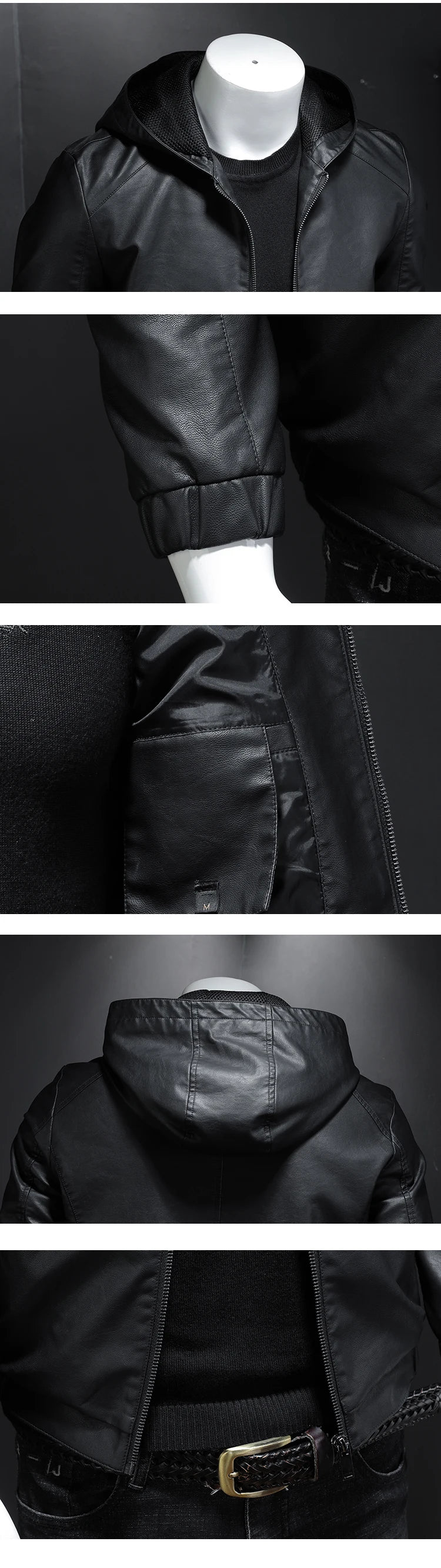 Minglu Hooed Black Pu Mens Leather Jacket Spring Autumn Long Sleeve Slim Fit Solid Color Faux Leather Zipper Male Coats 5XL