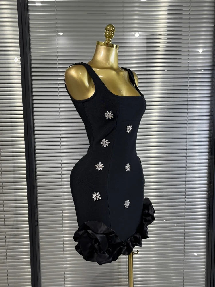 Hot Sale Women Sleeveless Sexy Shinning Rhinestones Ruffles Bodycon Mini Bandage Dress Celebrate Nightlcub Party Outfit Vestido