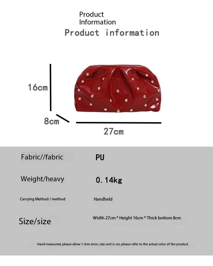 Simple Versatile Clip Evening Handbags for Women Solid Color Rivet Pleated Design Ladies Clutch Female Soft Pu Leather Purse