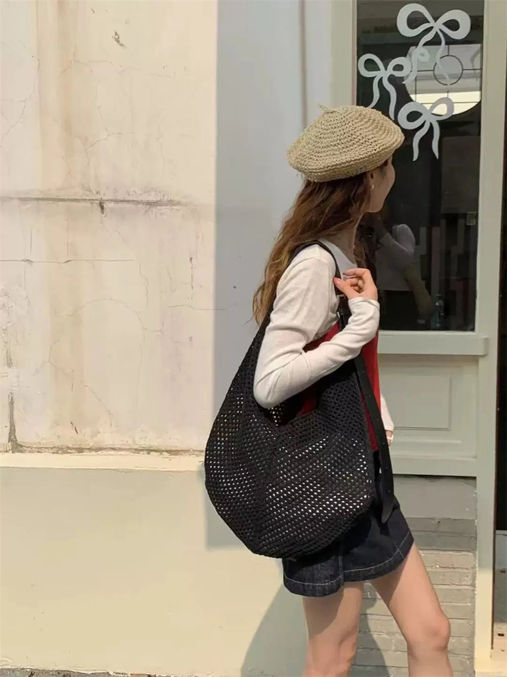 Lattice Large Capacity Woven Bag 2025 Spring Summer New Women's Beach Vacation Single Shoulder Simple Versatile Casual Tote Bags