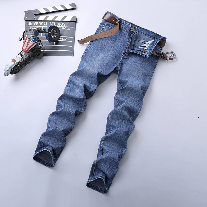 Spring Autumn Men's Smart Jeans Business Fashion Straight Regular Blue Stretch Denim Trousers Classic Men Plus Size 28-40