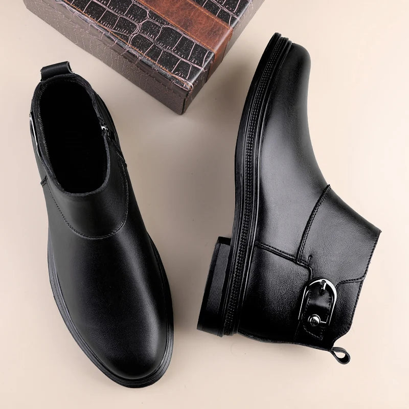 Winter New Fashion Cotton Shoes Men's Plush Genuine Leather Casual Snow Boots Slip on Male Business Footwear Comfy Ankle Boots