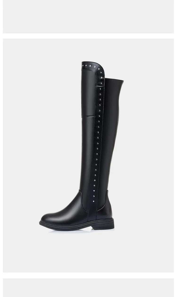 Women Over The Knee Boots Winter Natural Wool Warm Genuine Leather Ladies Knee Boots Large Size Non-slip Snow Boots Women