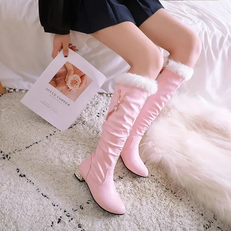 Winter Warm Knee High Boots Women Platform Wedges High Heels Snow Boots Slip on Winter Ladies Shoes White Black Pink 2025