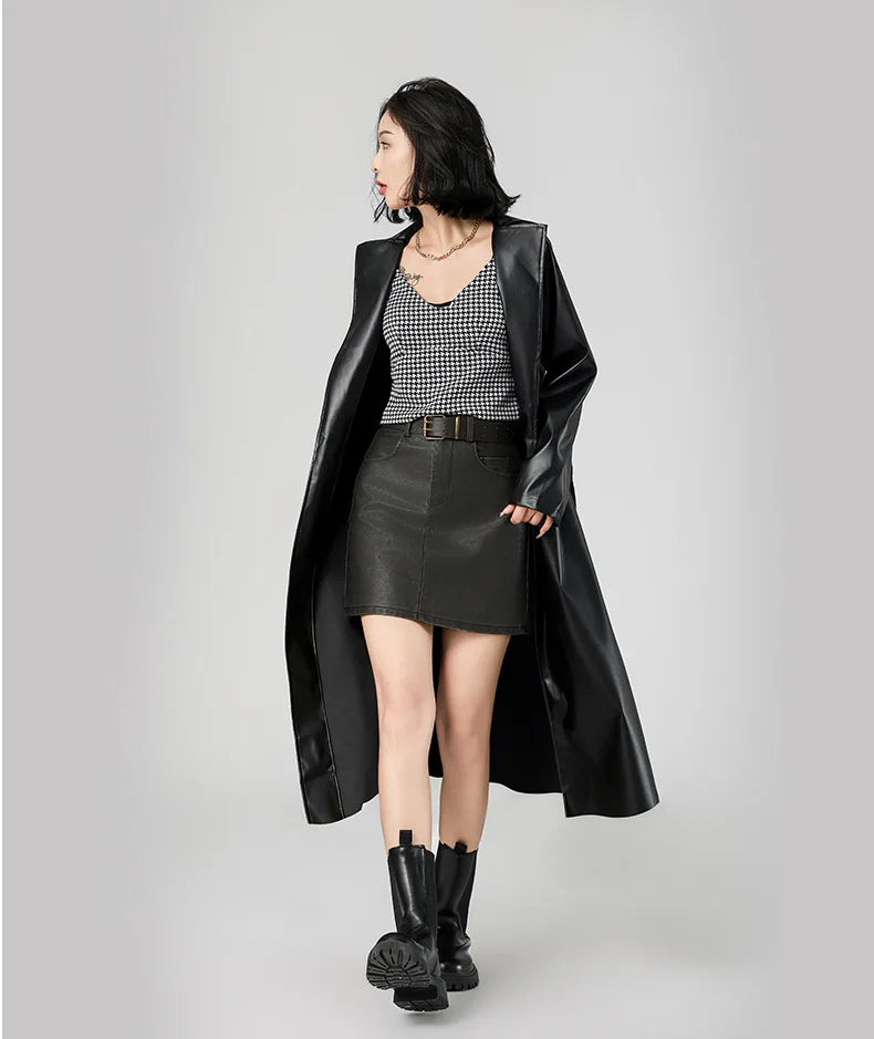 Women's Streetwear Windbreaker Black Tie Up Pu Leather Jackets For Women Fall Winter Windproof Anoraks Trench Coat For Women