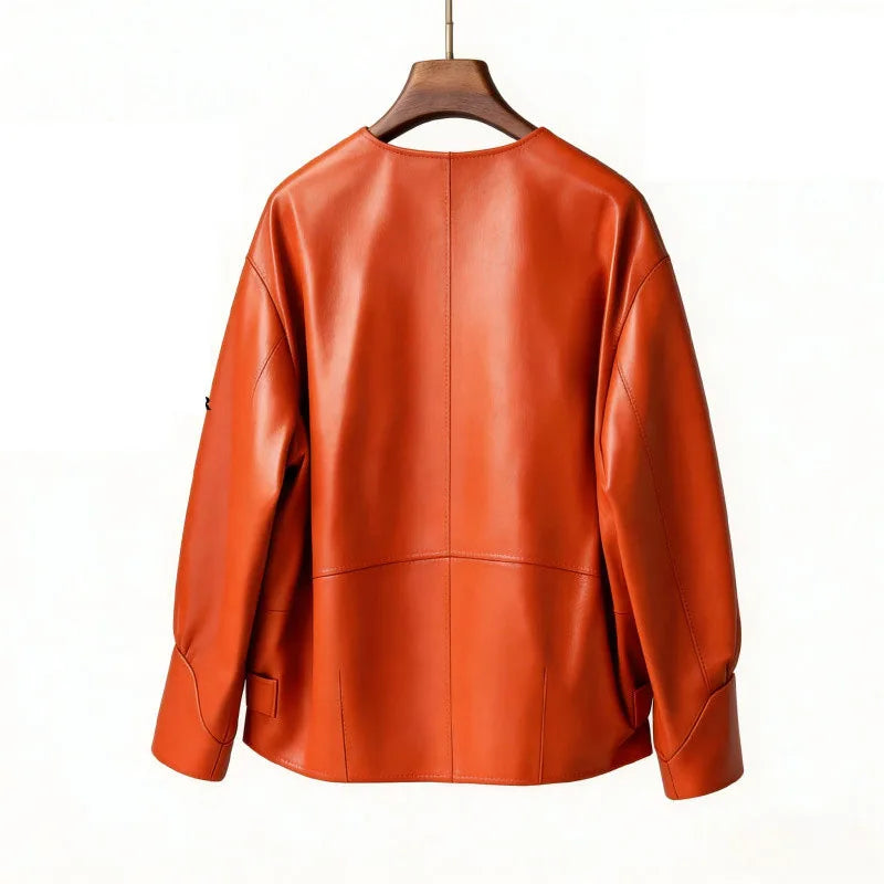 Orange Black Leather Jacket Spring Autumn Coat 2026 New Women's Leather Coat Round Neck Lantern Sleeves PU Leather Outerwear
