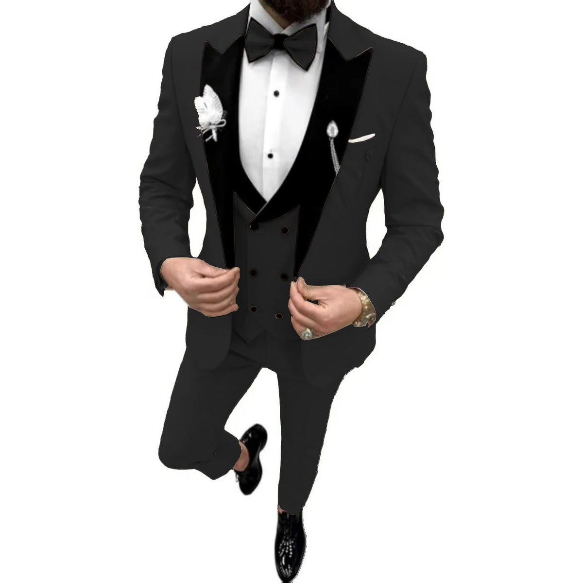 Elegant Men Suit Customized 3 Piece Blazer Vest and Pants Set Tuxedo Suits for Men Velvet Peak Lapel Formal Men Suit for Wedding