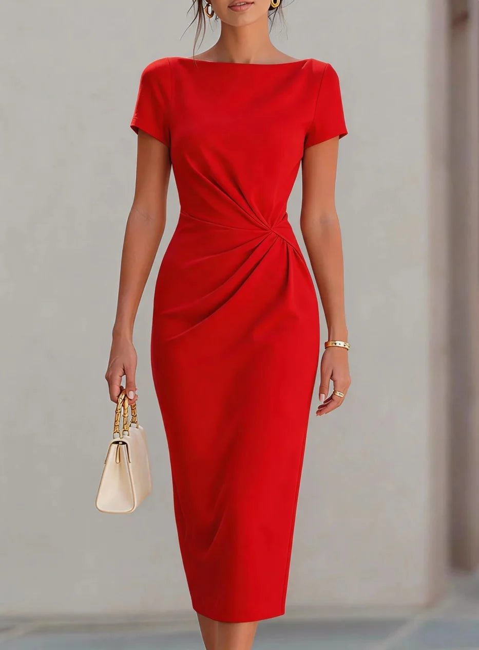 Women's Short Sleeve Twist Waist Midi Dress Bodycon Pencil Dress Elegant Office Party Cocktail Wear