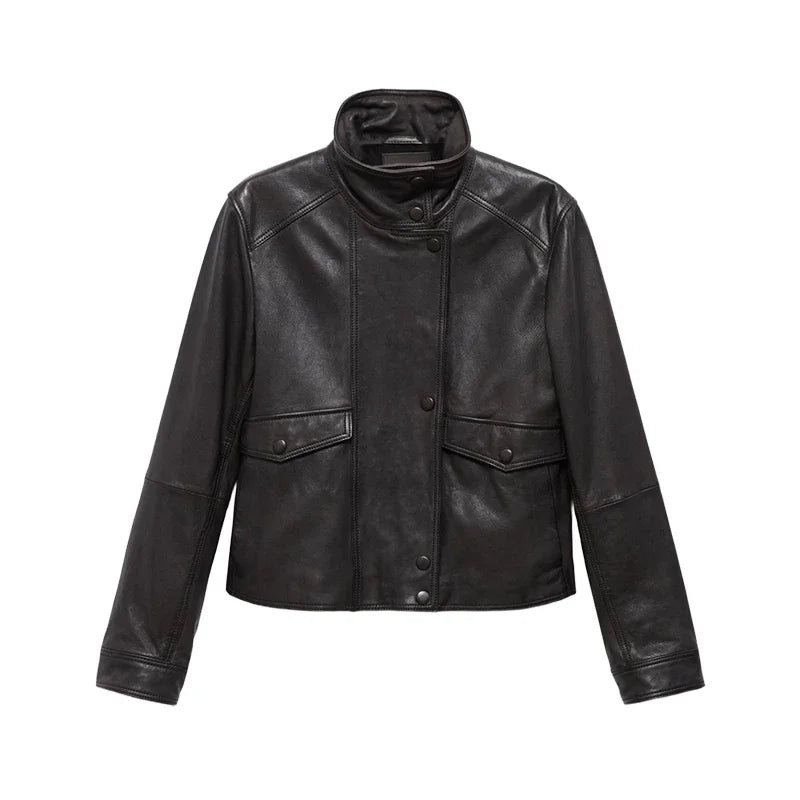 Fashion Leather Women's Jacket Y2k Street Single-breasted High Neck Female Coats 2026 Autumn Black Pu Long Sleeve Lady Jackets