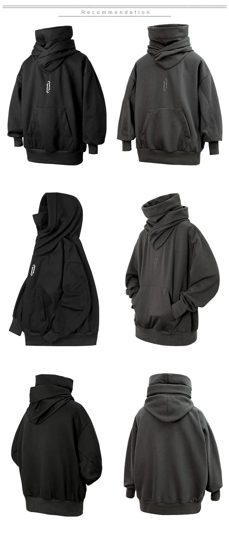 Embroidery Turtleneck Sweatshirt Oversized Y2K Men Women Hoody Japanese Ninja Hoodies Autumn Hip Hop Fleece Pocket Streetwear
