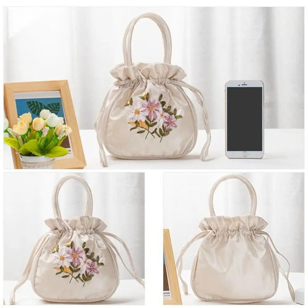 Women Bucket Bag Top Handle Ladies Handbag Phone Bag Summer Small Purse National Style Embroidered Flower Pattern Drawstring Bag