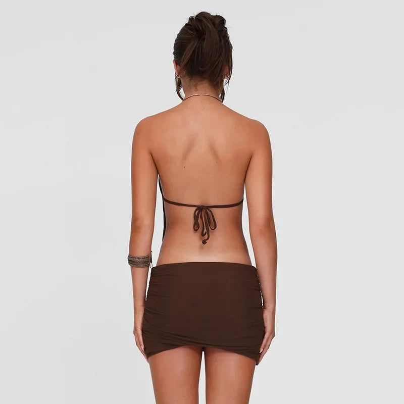 Metal Ring Halter Ruched Bodycon Mini Dress Women 2025 Summer Sleeveless Lace Up Backless Hipster Slim Party Clubwear Vestidos