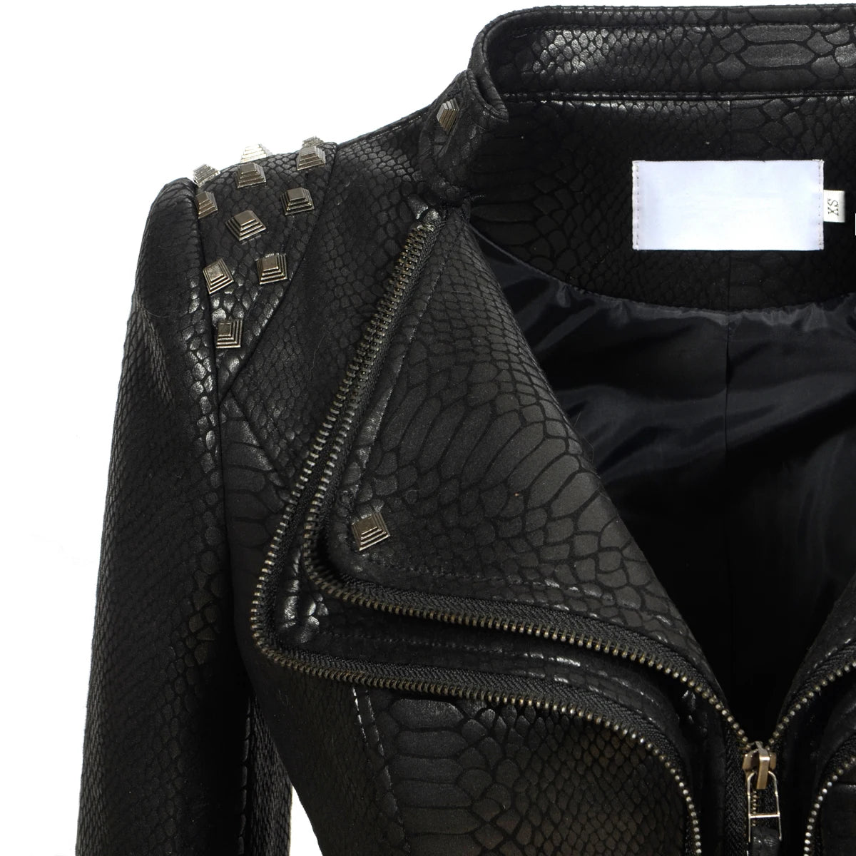 Snake Skin Print PU Women's Winter Jacket Stand Collar Zipper ClothesFashion Casual Pattern Coats Faux Leather Motocycle Top