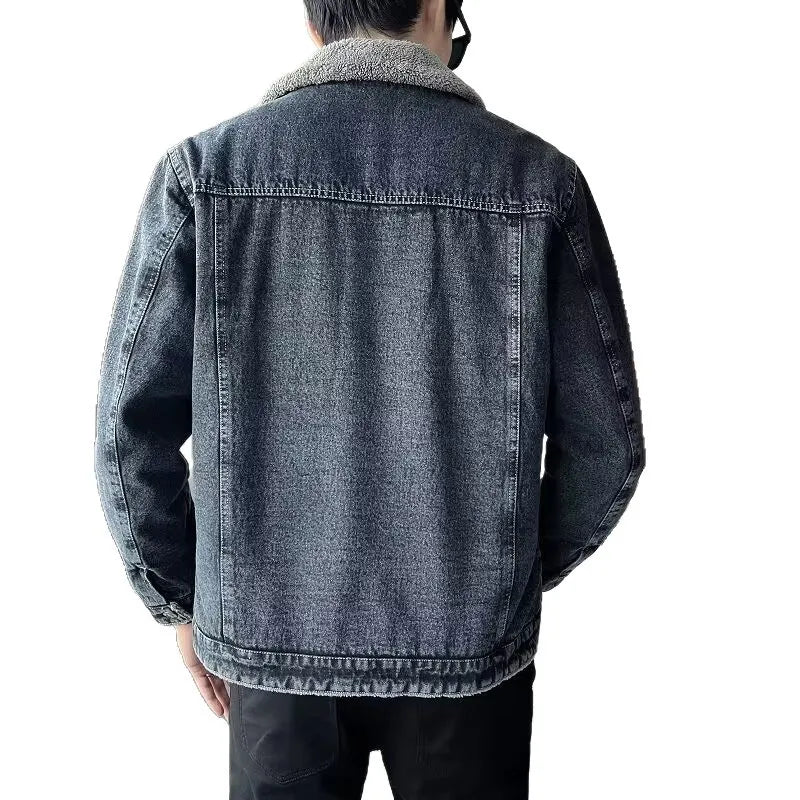 Men's Denim Jacket with Added Insulation and Thickening for Winter, Lamb Fur Lining, Durable Work Collar, Casual Jacket