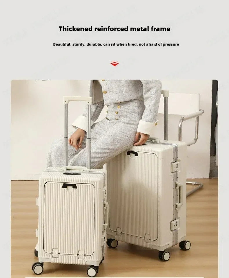 Front Opening Large Capacity Rolling Luggage Case Aluminum Frame ABS+PC Trolley Case Suitcase USB Charging Boarding Case