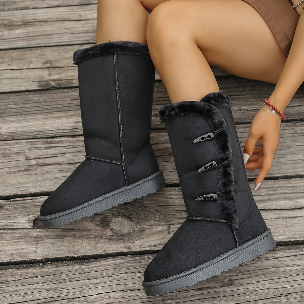 Women Snow Boots Winter Mid-calf Boots Warm Cotton Shoes Fashion Solid Color Button Ladies Brown Long Boots Plus Size 42