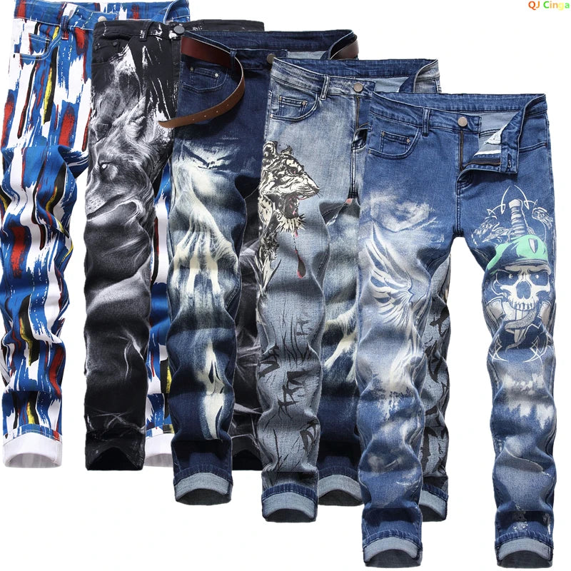 Blue Men's Jeans 3D Digital Print Stretch Denim Pants Blue Black White Trousers Men Fashion Slacks 28-34 36 38 40 42