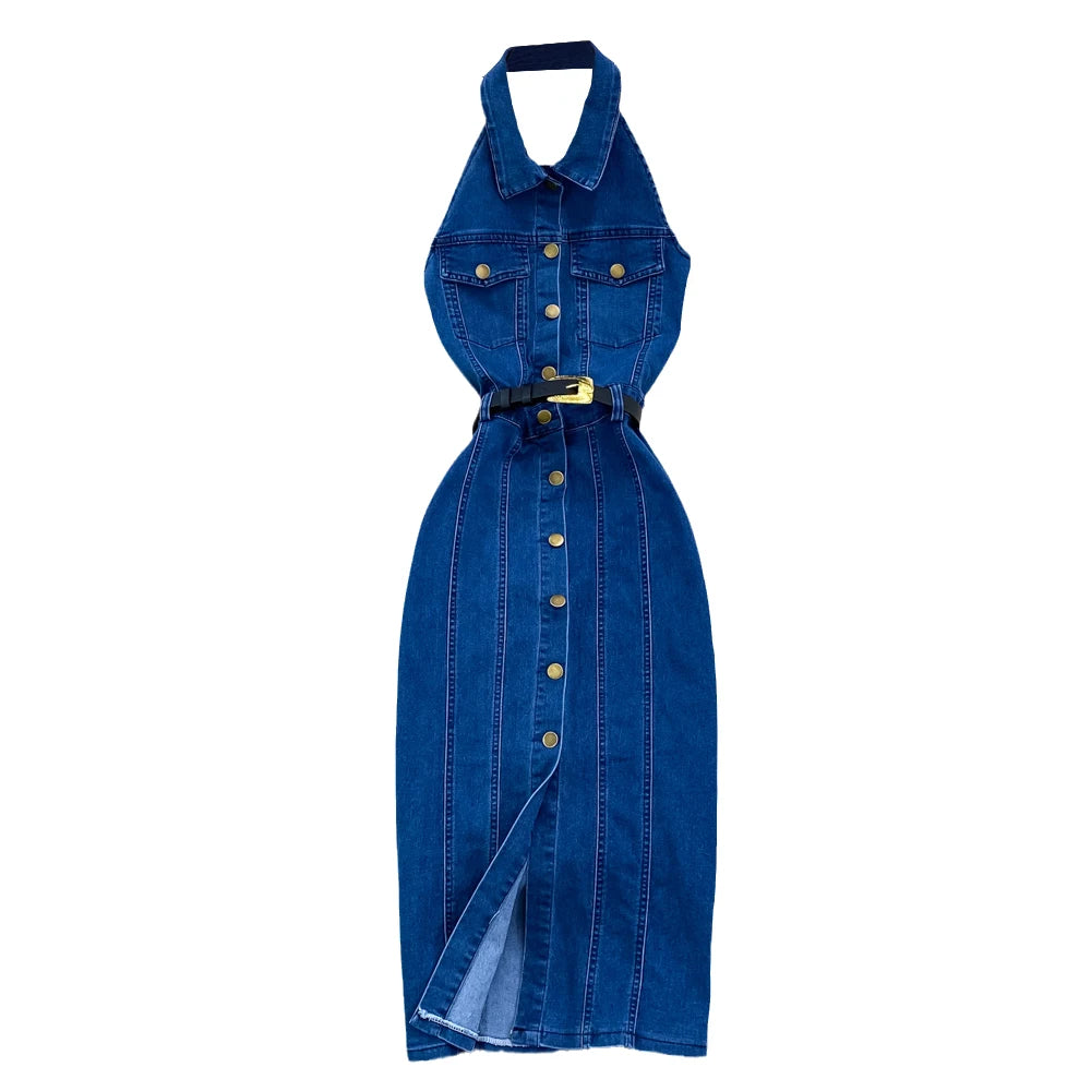 Denim Dress Women Sexy Long Dresses Vintage Vestidos A Line Sleeveless Backless Single Breasted Pockets 2025 Summer Sundress